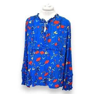 For The Republic Womens XL Floral Blouse 100% Rayon Blue & Red Long Sleeve Light
